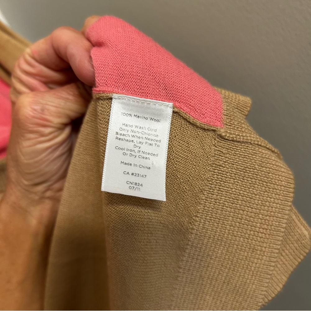 Talbots‎ Women's S Pure Merino Wool Color Block Button Up Cardigan tan pink EUC - Picture 7 of 8